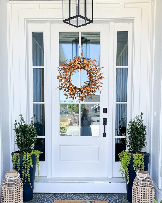 YNYLCHMX 18" Fall Wreaths for Front Door, Artificial Autumn Wreath, Fall Door Wreath with Brown Eucalyptus Leaves for Home Porch Window Wall Farmhouse Decor, Indoor Outdoor, Holiday Decor
