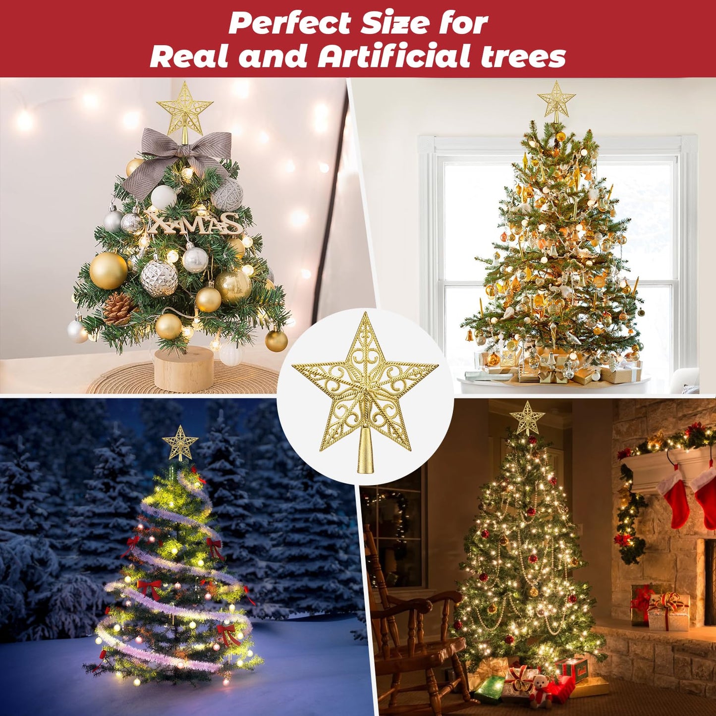 Christmas Tree Topper, 7.5 Inch Gold Star Tree Topper with Topper Stabilizer Supporter, Xmas Star Treetop Toppers Christmas Trees Decorations Ornaments for Holiday Home Decor
