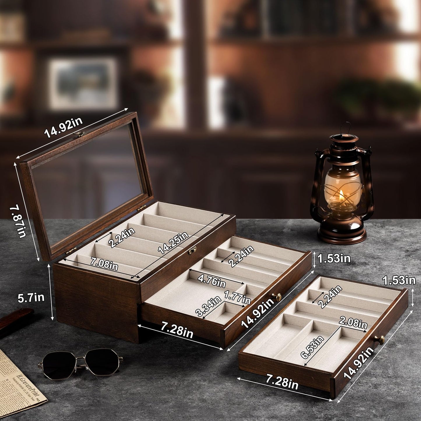 Yoimori Knives Display Box, 3-Layer Pocket Knives Box Display & Storage Knives, Solid Wood Knives Box for Collections, Gift for Boyfriend Fathers Day Birthday Gifts(Walnut)