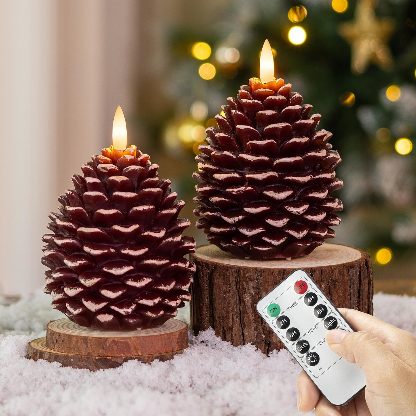 AFINETH Christmas Pinecone Candles Flameless, Real Wax Battery Operated Pine Cone Candles with Remote, 2 Pack Flickering Led Candle Christmas Decorations for Winter Home Holiday Xmas Gift, Brown