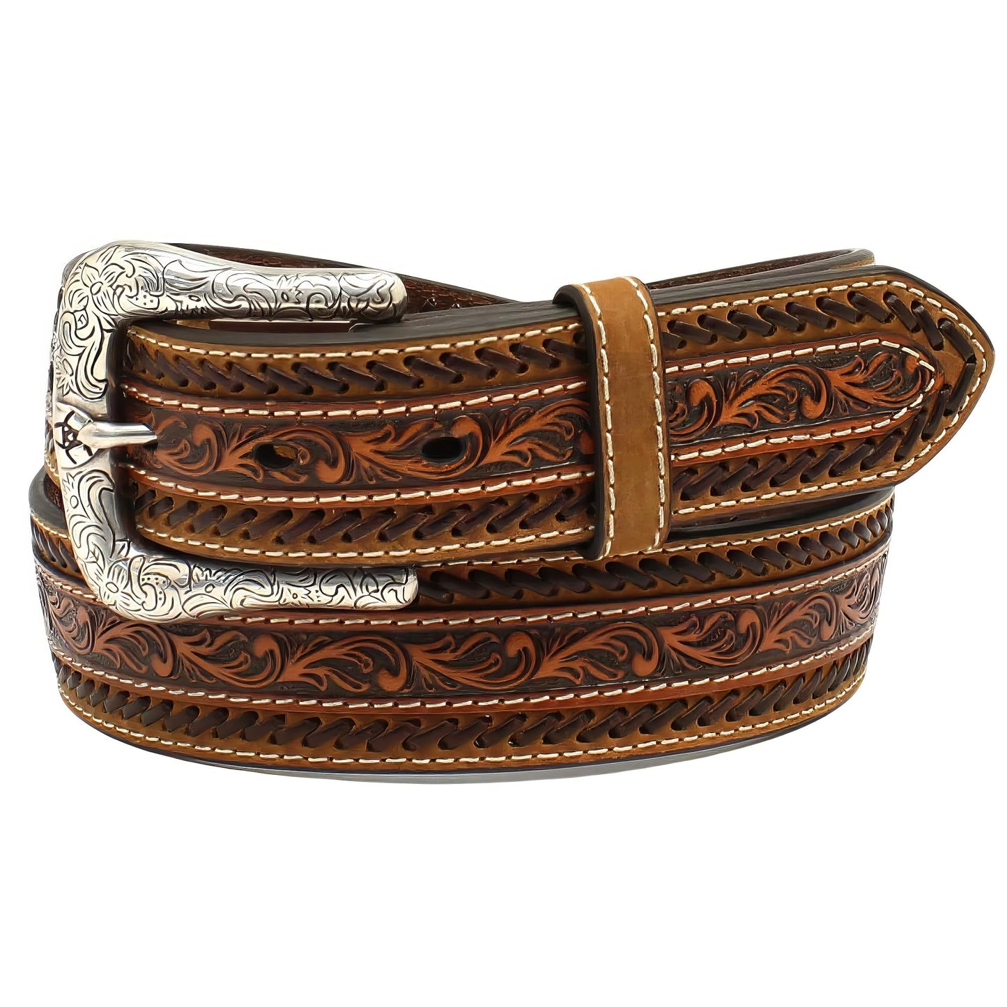 ARIAT Men's Buck Stitch Southwestern Leather Belt, Tan/Brown Thread, 38