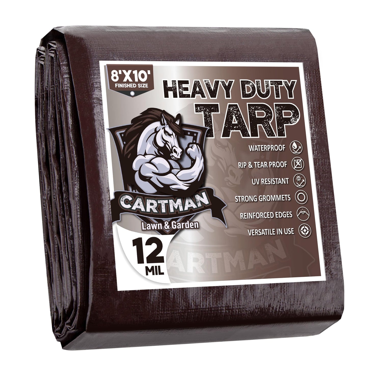 CARTMAN Finished Size 8x10 Feet Extra Thick 12 Mil Heavy Duty Poly Tarp, Multipurpose Protective Cover, UV Resistant, Waterproof Poly Tarpaulin with Reinforced Edges