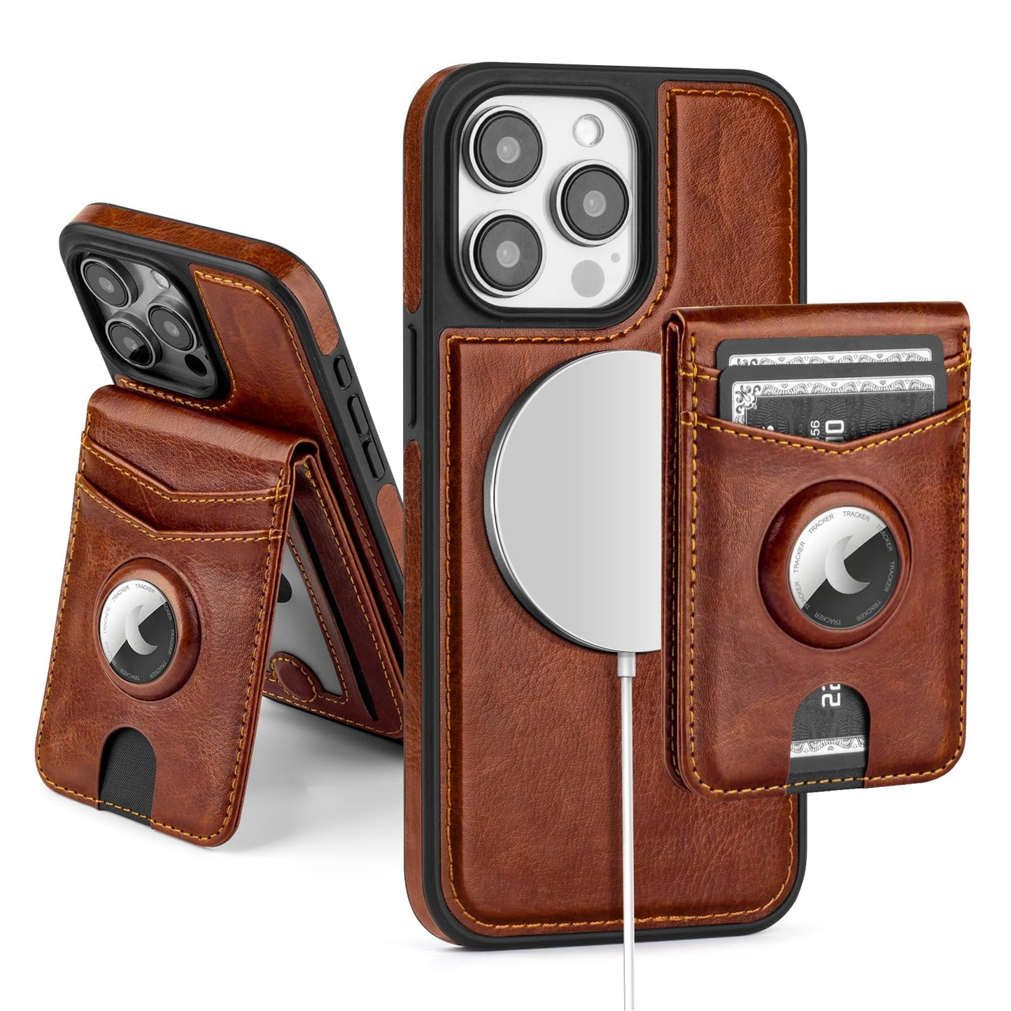 SkyEagle Compatible with MagSafe iPhone 15 Pro Max Case Wallet with AirTag Holder,2 in 1 PU Leather Magnetic Detachable RFID Blocking Credit Card Holder Flip Cover Kickstand for Men Women,Brown