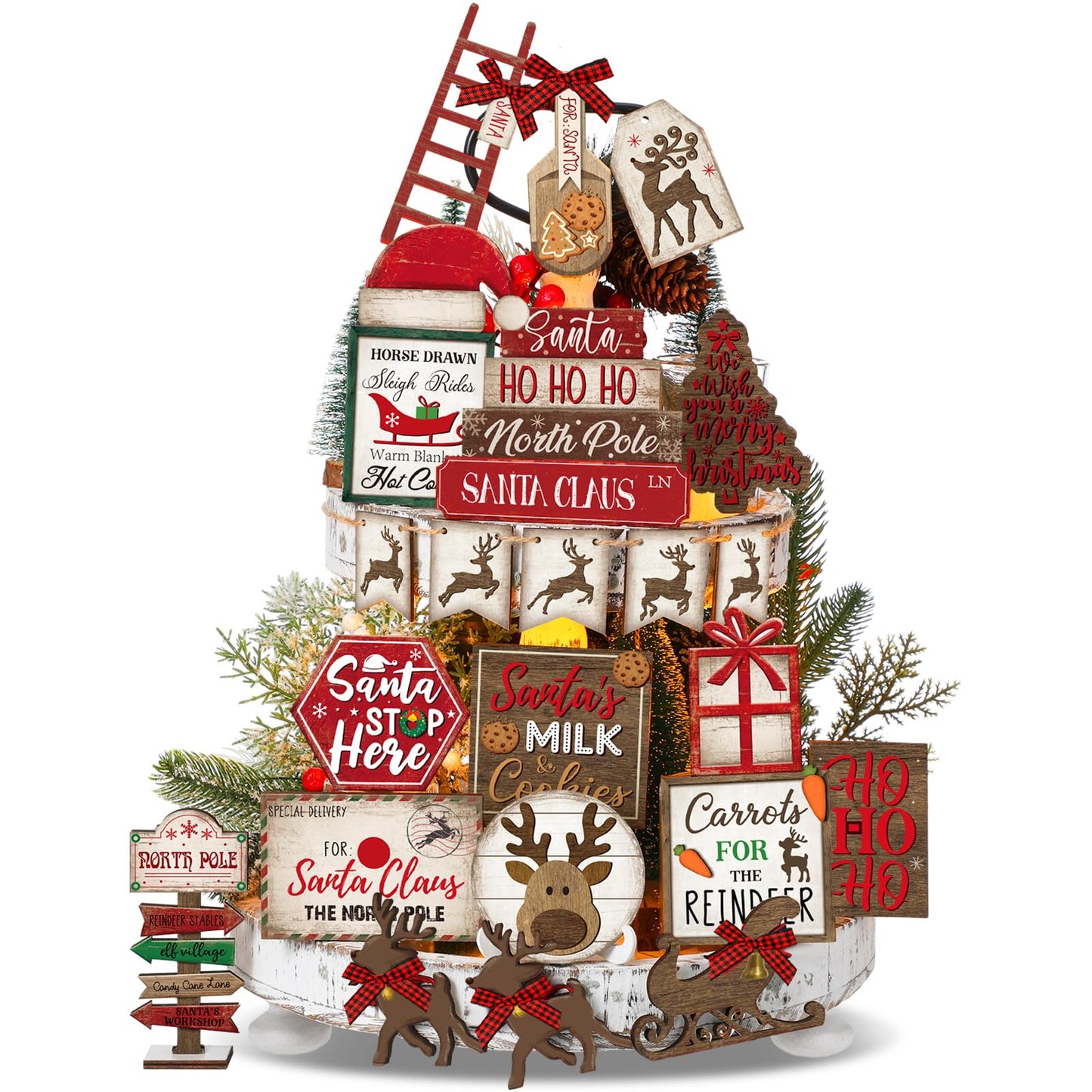 CroBlissful 23 Pcs Christmas Winter Tiered Tray Decor Snowman Farmhouse Decor Winter Tiered Table Centerpieces Wood Blocks Signs for Home Shelf, Without Tray(Red,Elk)