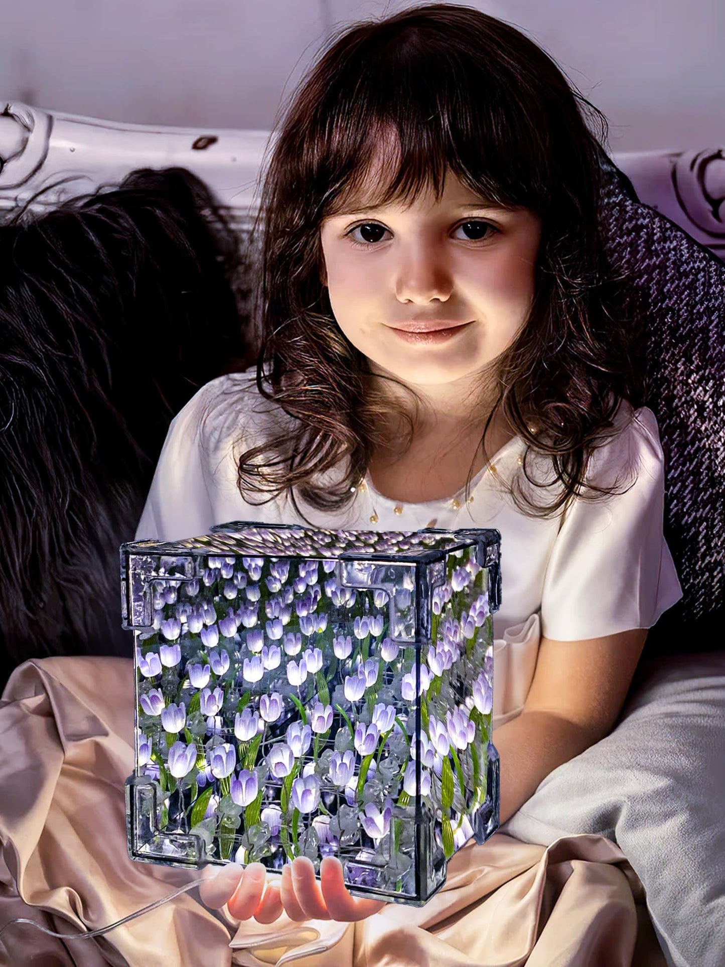 Tulip Night Light, LED Infinity Mirror Lamp Tulips DIY Finished Poduct Decorations Lights Artificial Flower Bedside Table Lamp Creative Birthday Gifts for Women Mom Grandma Wife (Purple Finished)