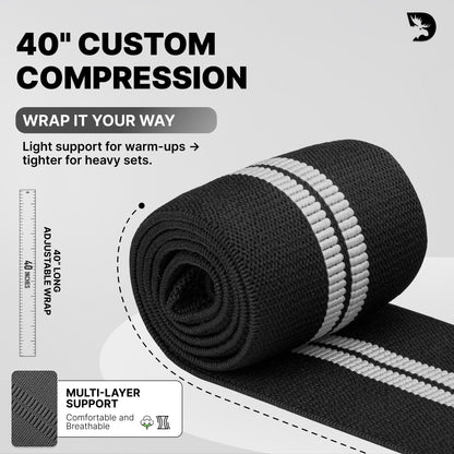 DMoose Fitness Elbow Wraps for Weightlifting (Pair) - 40'' Adjustable Elbow Strap for Gym Workout & Bench Press, Compression Elbow Wraps for Tendonitis & Joint Support, Elbow Sleeve (White Stripes)