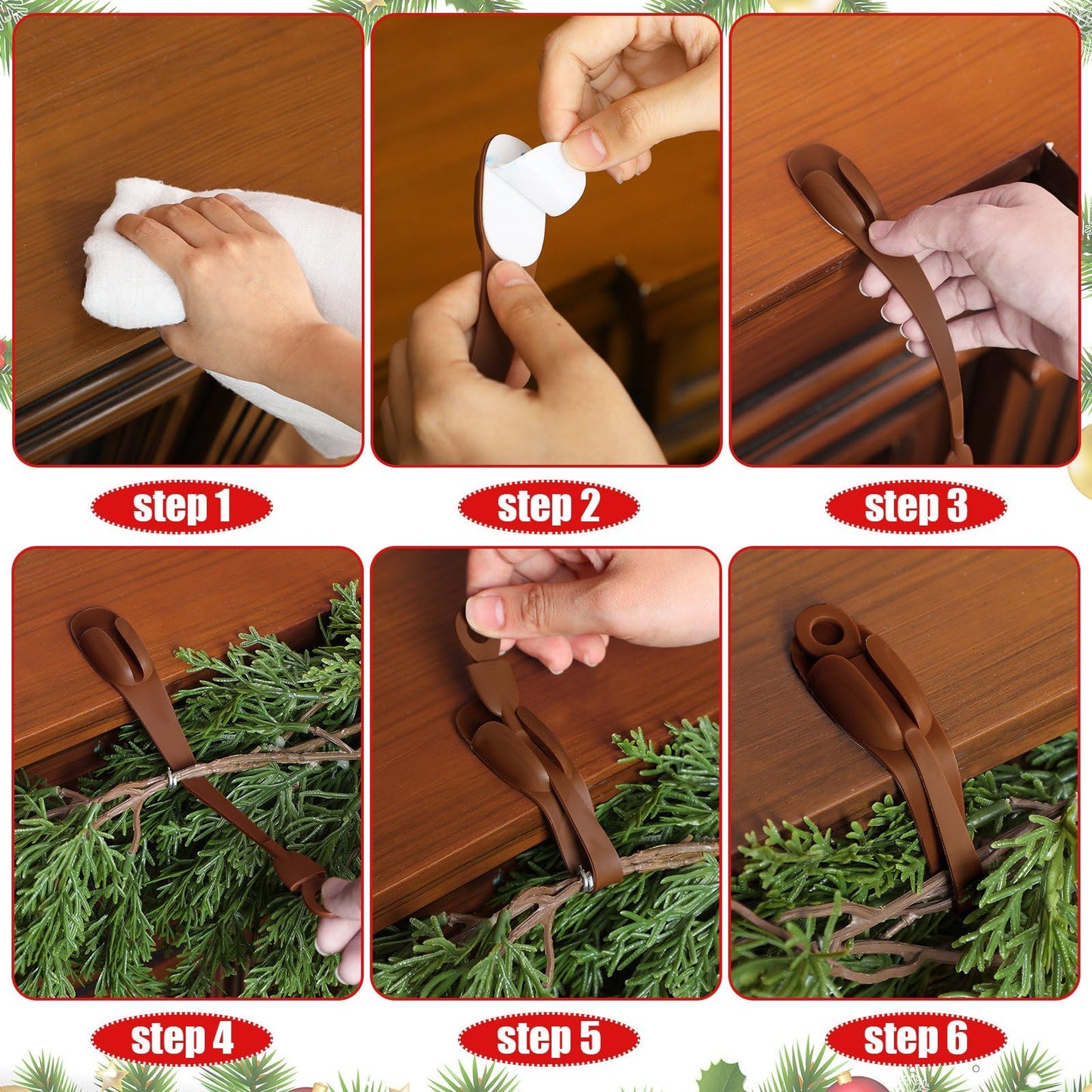 Relaxweex 24 Pcs Garland Hanger for Mantle No Drill Garland Hangers Hooks Wreath Ties Fireplace Stocking Holder Stretchable Silicone Adhesive Straps for Door Frame Stairways (Brown)