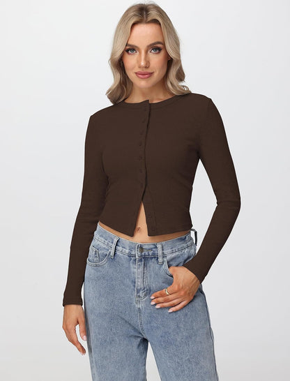Womens Long Sleeve Tops Fall Lightweight Cardigan Cropped Going Out Shirts Ribbed Button Down Cute Trendy 2025