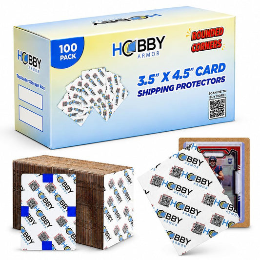 100 Pack Trading Card Shipping Protector by Hobby Armor, 3.5" x 4.5" with Rounded Corners, Vibrant Multi-Color Card Protector to Guard Cards From Dings, Premium Lightweight Cardboard Shipping Supplies