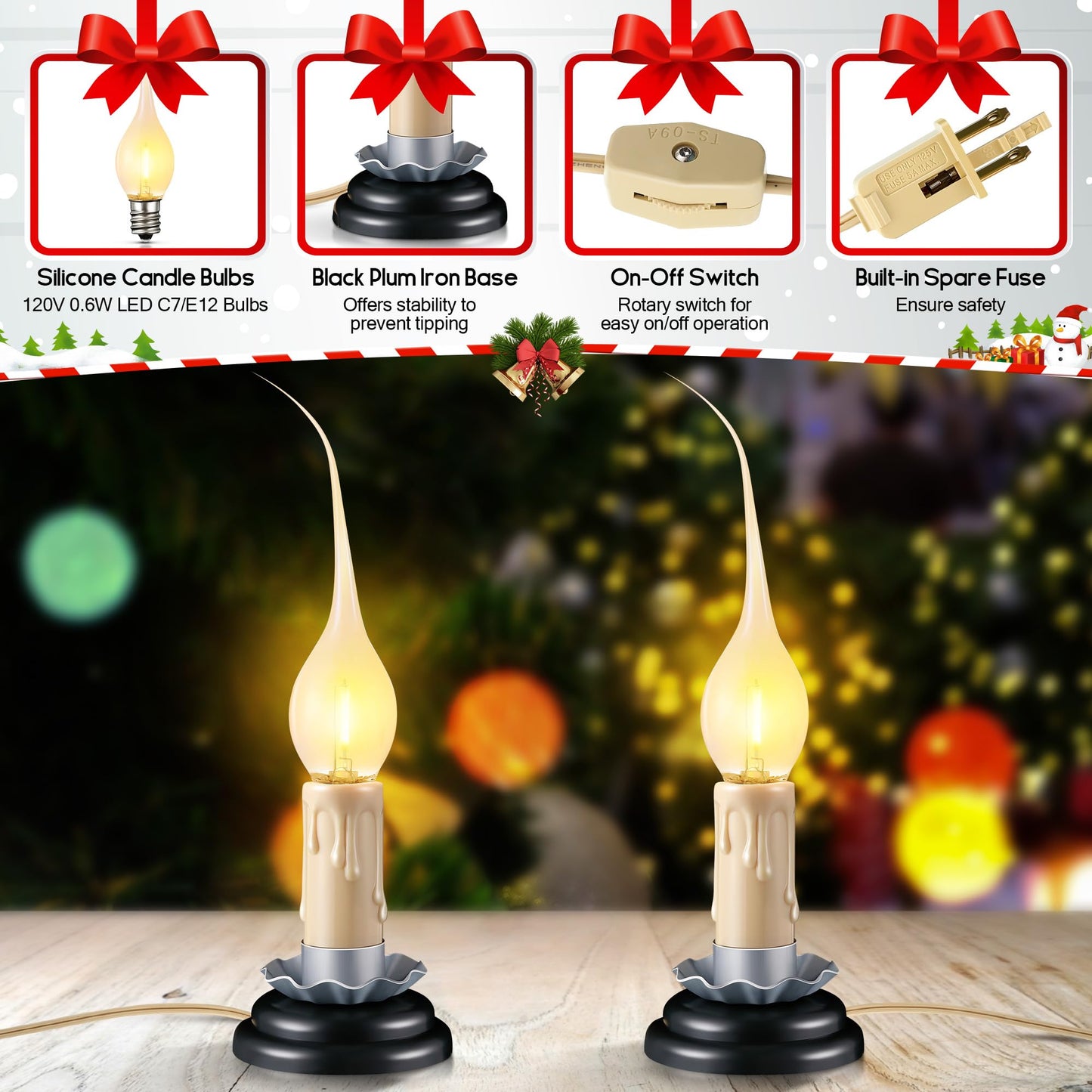 Enhon 2 Pack 3 in Rustic Country Candle Light with Replacement LED Bulbs, UL Certification Electric Christmas Window Candles Light with On/Off Switch, 0.6W C7 Candlestick Lamp, 5Ft Cord