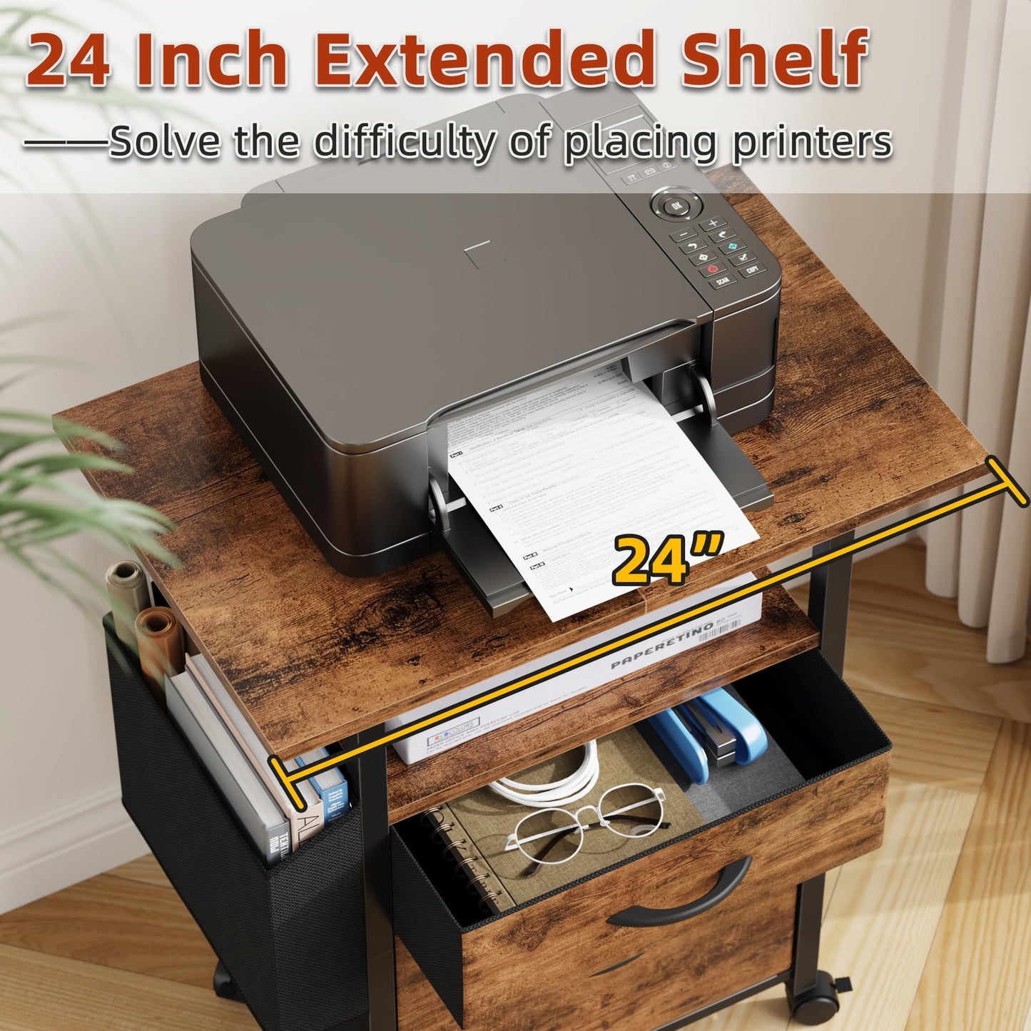 GYIIYUO 2 Drawer File Cabinet with 24'' Extended Desktop, Mobile Filing Cabinet, Rolling File Cabinet with Side Bag, Fabric Drawer, Fits A4/Letter Size, Printer Stand Home Office, Light Brown
