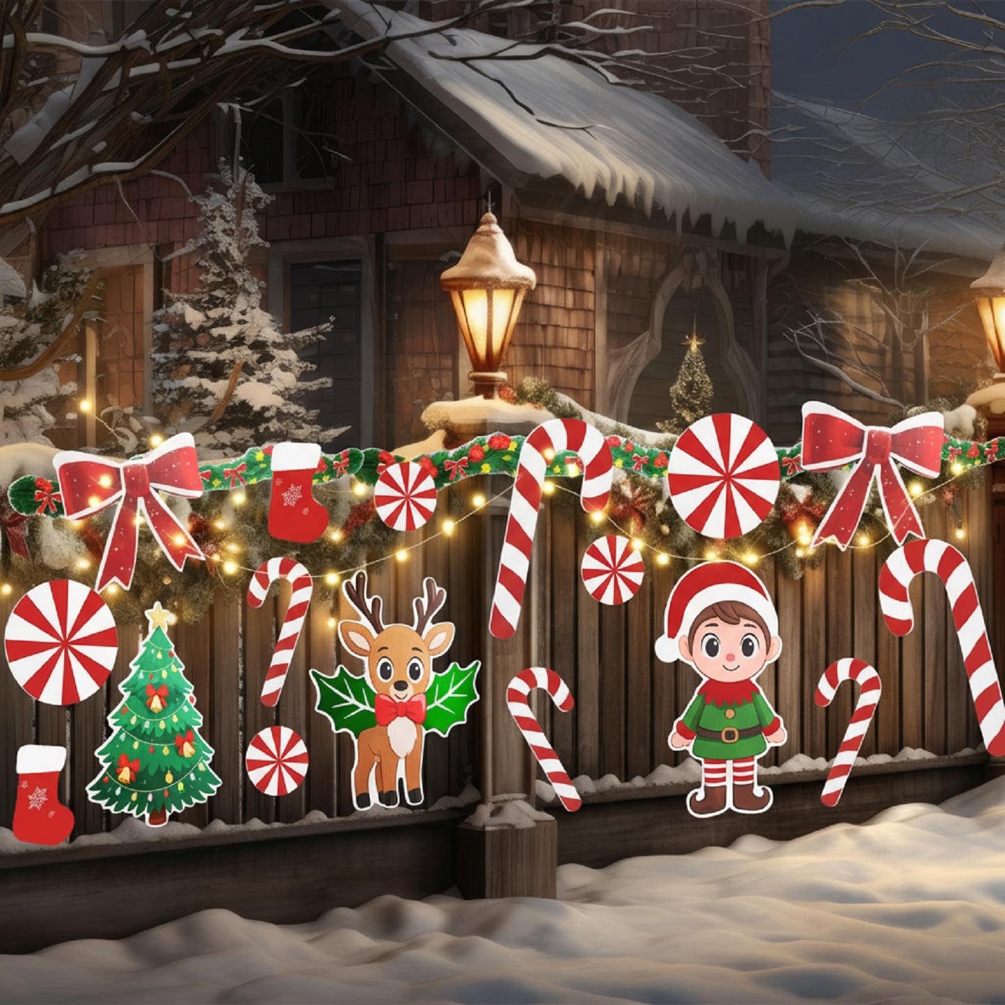 Seeloowy 22 Pcs Christmas Fence Decorations Outdoor Xmas Garland Deer Gingerbread Peppermint Candy Yard Signs with LED String Lights for Christmas Holiday Outside Lawn Garden Window DIY Decor