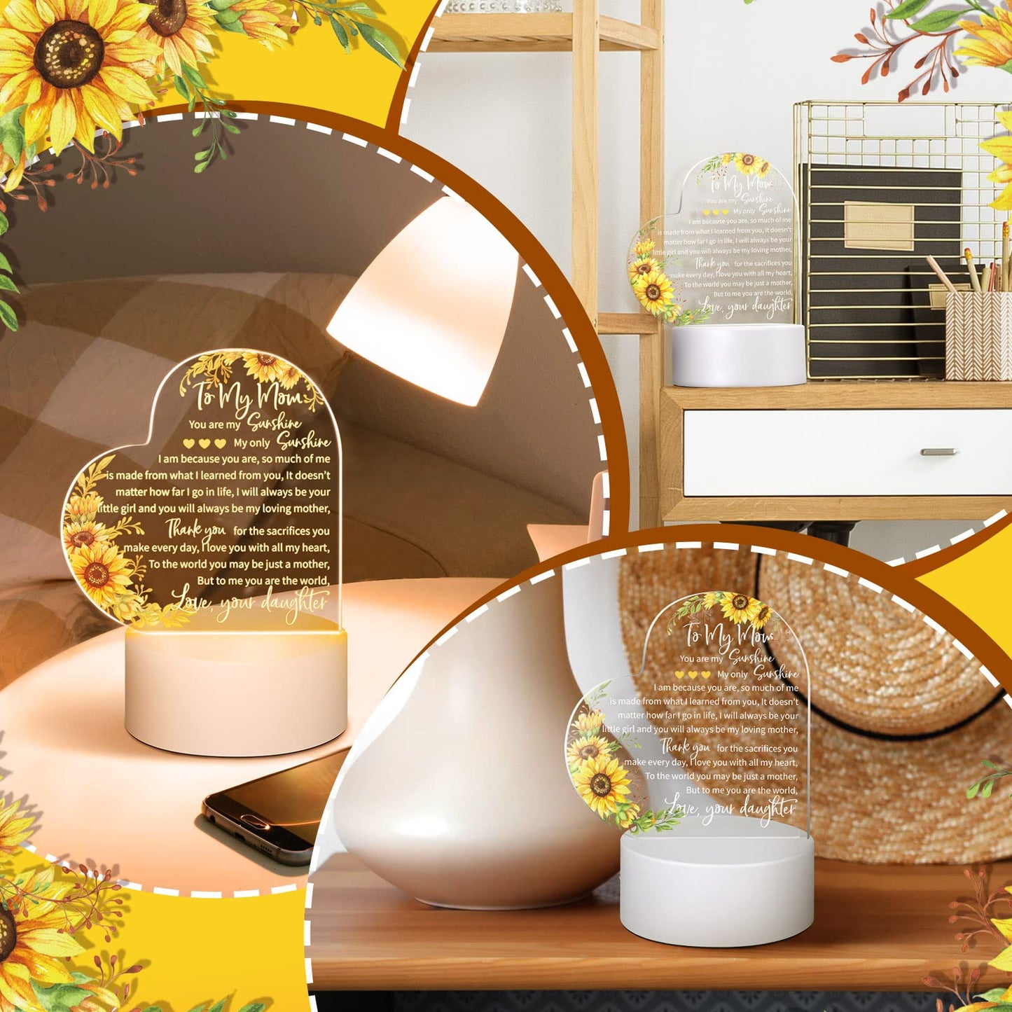 Jetec Mothers Day Birthday Gifts from Daughter Son Christmas Thank You Gift for Mom Sunflower Engraved Acrylic Heart Lamps USB Low Power Night Light Table Decor(to My Mom)