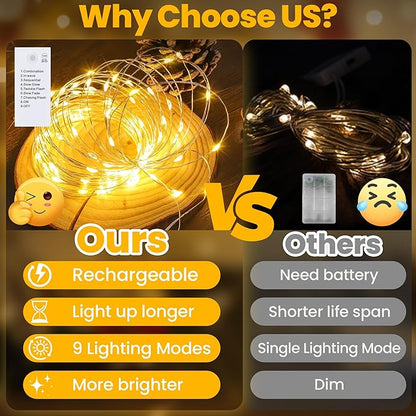 Mlambert LED Fairy Lights Battery Operated with Timer, Rechargeable Mini Twinkle Lights for Christmas Decor Holiday Party, 65.6FT(16.4x4), Warm White