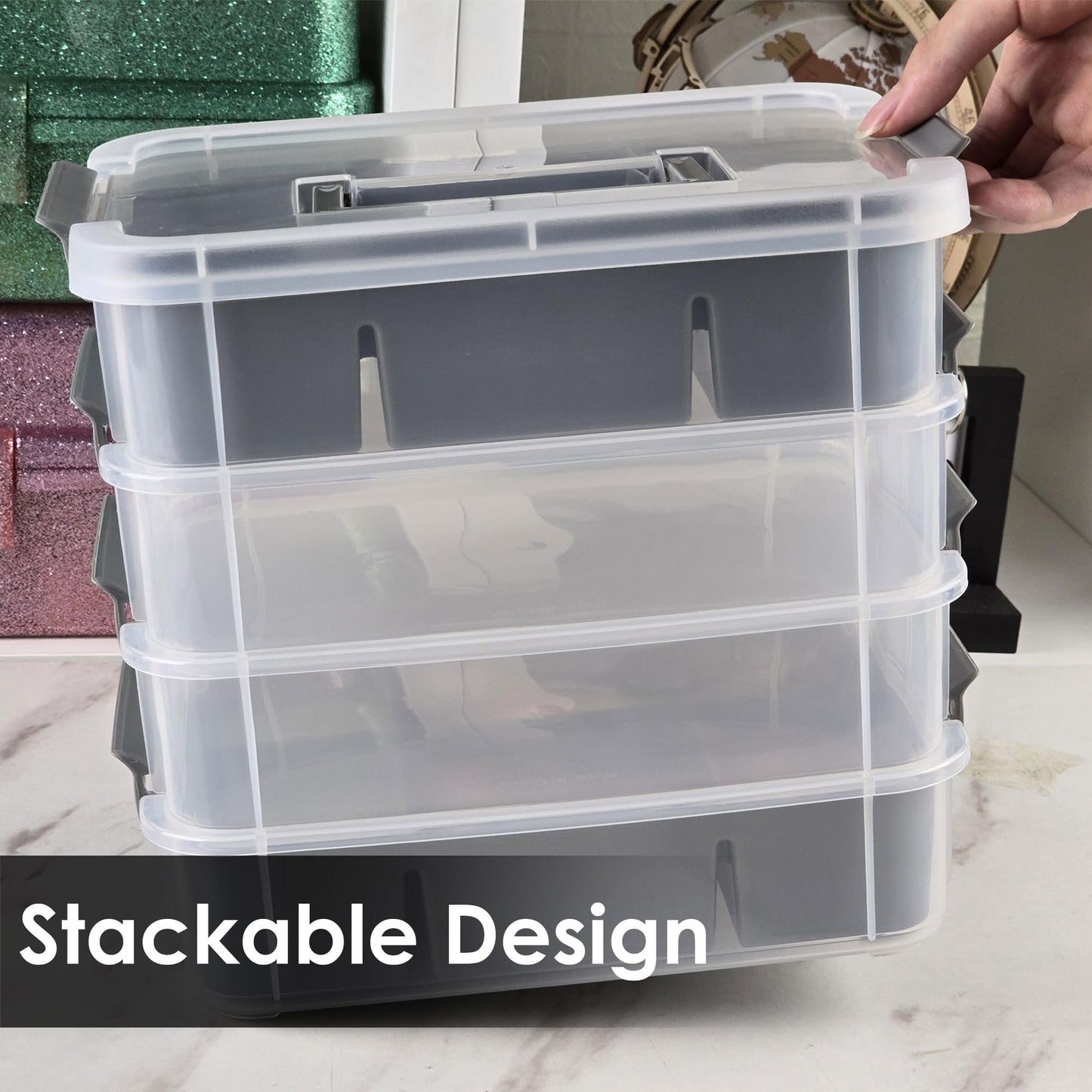 CraftGenes Grey&White Modern Plastic Storage Box - 4-Layer Durable Craft Storage Containers with 2 Removable Trays for Arts & Crafts Supplies, Sewing, Office, Seasonal Decor
