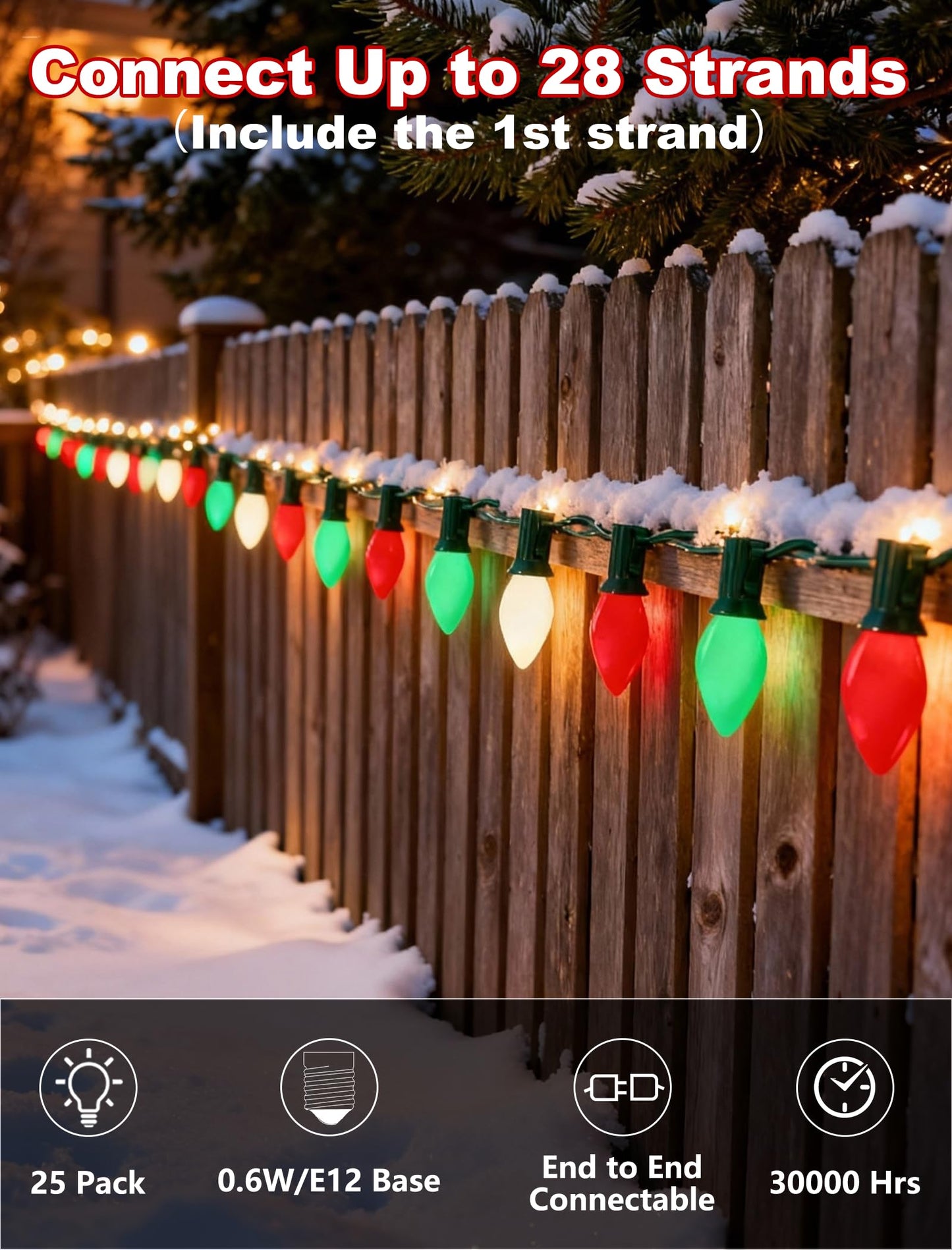 C7 LED Christmas Lights Outdoor - 25ft Red White and Green String Lights With 27 Ceramic Bulbs(2 Spare), Waterproof Commercial Grade Extendable for Indoor Outdoor Roofline Patio Yard Xmas Decor