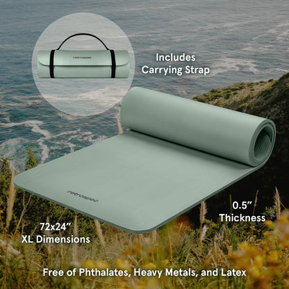 Retrospec Solana Yoga Mat 1/2" Thick w/Nylon Strap for Men & Women - Non Slip Excercise Mat for Yoga, Pilates, Stretching, Floor & Fitness Workouts, Sage