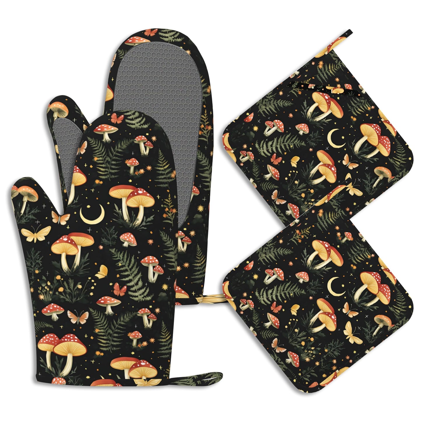 Boho Mushrooms Oven Mitts and Pot Holders Sets of 4 Wildflowers Butterfly Heat Resistant Silicone Oven Mits Gloves Non-Slip Kitchen Mittens Potholders for Cooking Baking Grilling BBQ