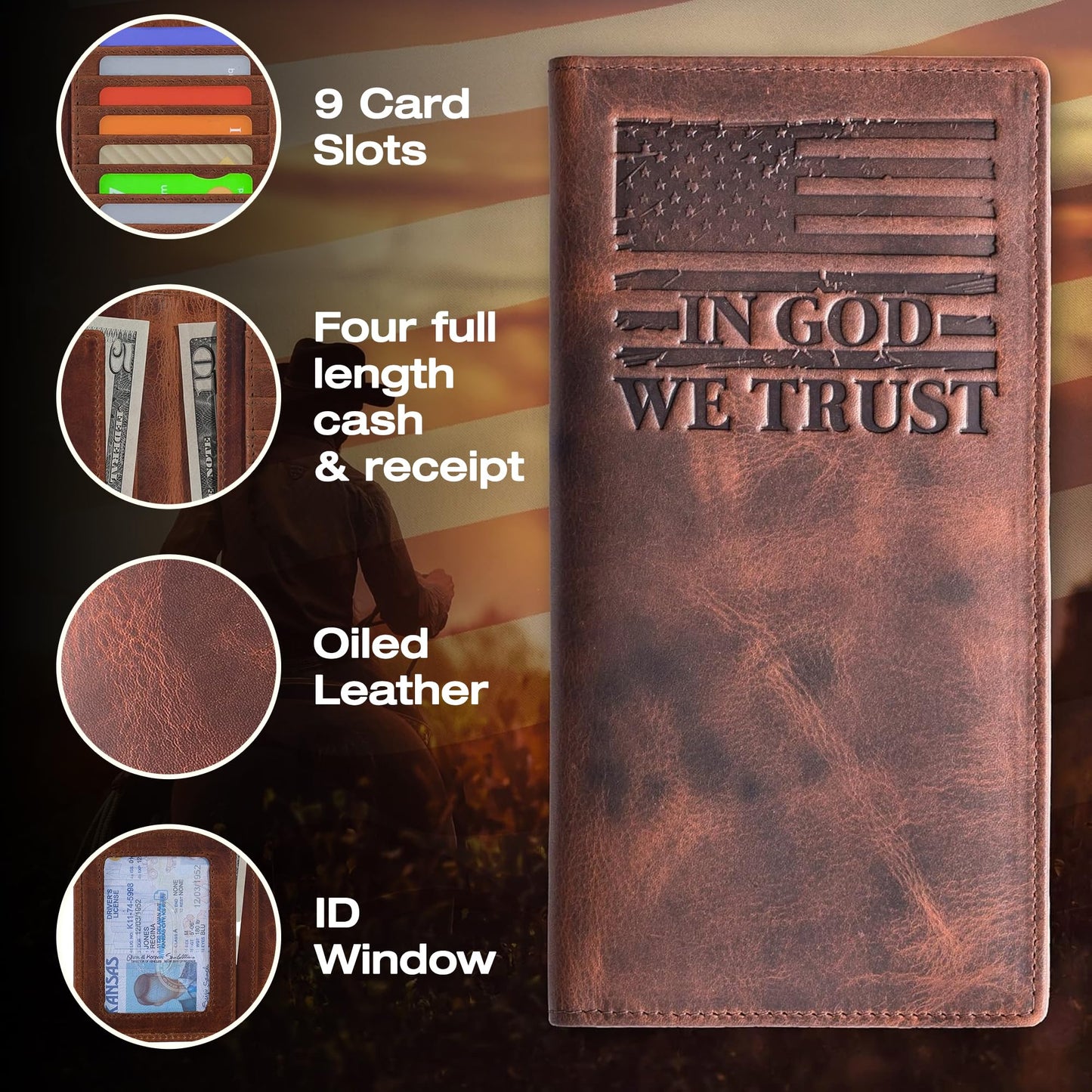 American Flag Long Wallet for Men - Western Wallets for Men with ‘IN GOD WE TRUST’ – Distressed Full Grain Leather – RFID Blocking Long Bifold Cowboy Wallet – Patriotic Father's Day (7 Inches)