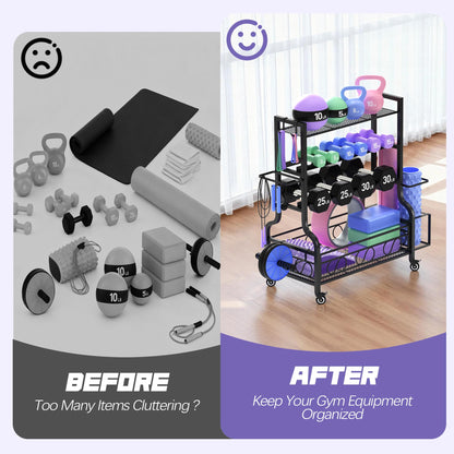 Dumbbell Weight Rack, Home Gym Storage for Kettlebells Yoga Mat and Balls, All in One Workout Storage with Wheels and Hooks, Powder Coated Finish Steel