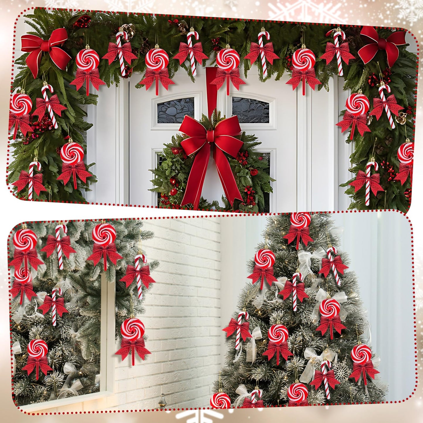 Pinkunn 30 Set Christmas Candy Cane Ornament with Bow Peppermint Candy Cane Christmas Tree Decoration Plastic Lollipop and Bow Hanging Ornaments for Xmas Tree Wreaths Holiday Decorations(Red)