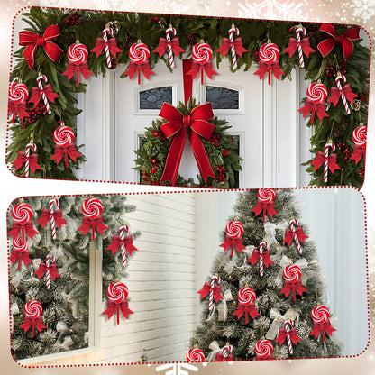 Pinkunn 30 Set Christmas Candy Cane Ornament with Bow Peppermint Candy Cane Christmas Tree Decoration Plastic Lollipop and Bow Hanging Ornaments for Xmas Tree Wreaths Holiday Decorations(Red)