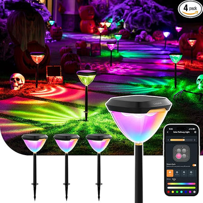 Linkind Smart Solar Pathway Lights SP6, in-App Pattern Switching Solar Lights Outdoor Waterproof, Solar & Wired Charging Color-Changing Landscape Lighting, Christmas Decor for Yard, Patio (4 Pack)