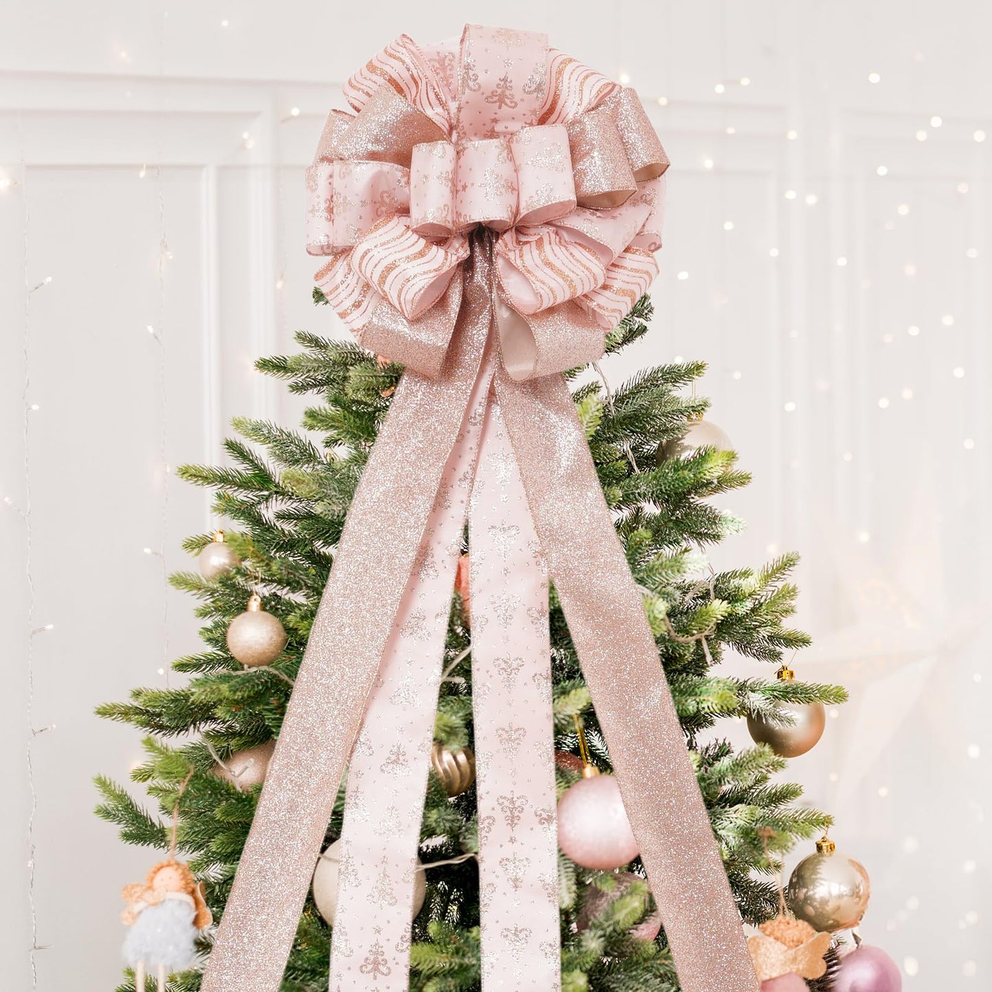 Christmas Tree Topper, 32x12 inch Large Toppers Single Sided Bow with Glitter Satin Mesh Streamer, Rose Gold Christmas Tree Topper for Christmas Home Decoration (Rose Gold)