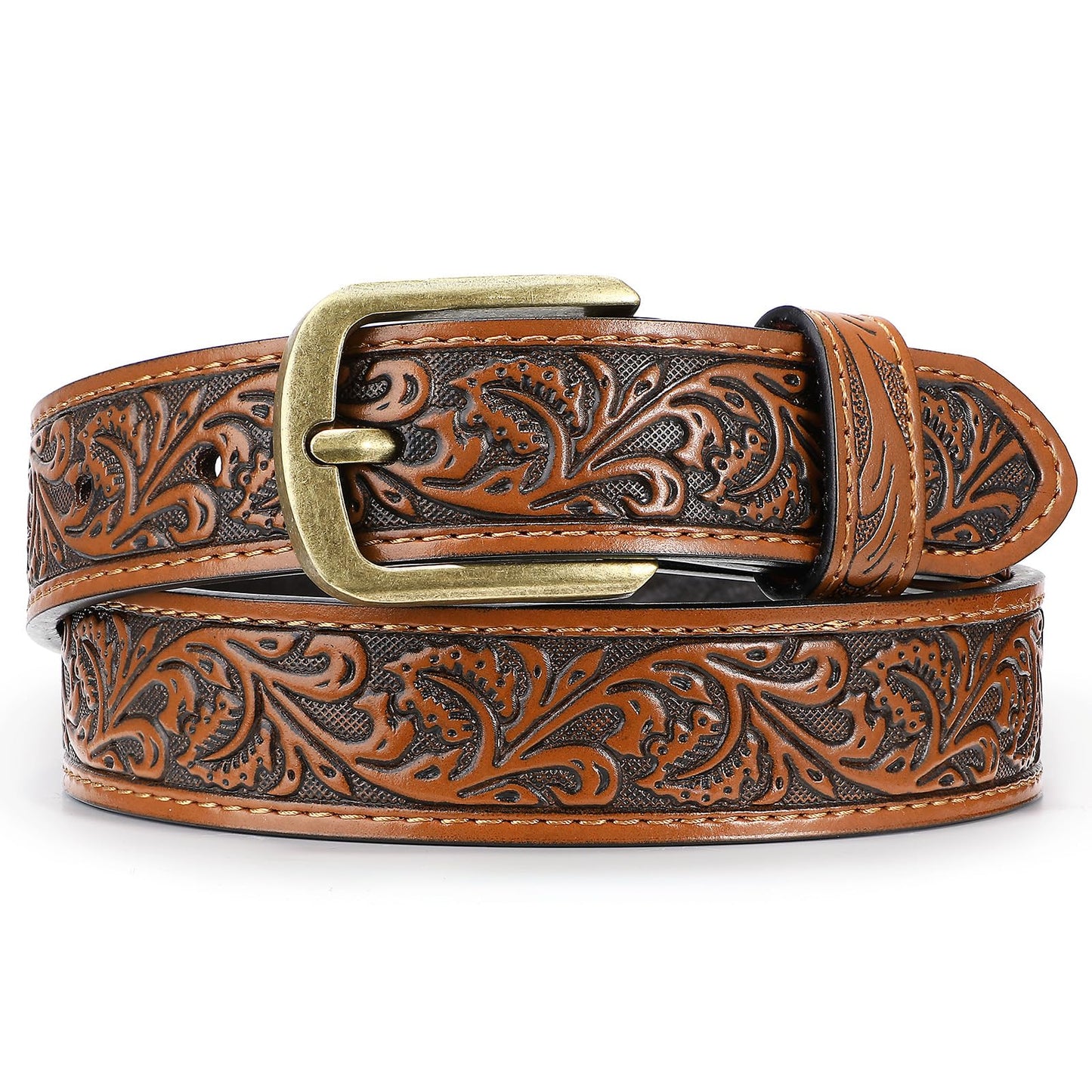 JKEEMI Kids Western Belt, 1.1'' Width Girls Boys Cowboy Leather Belt with Vintage Buckle & Floral Curved - for Jeans Dresses