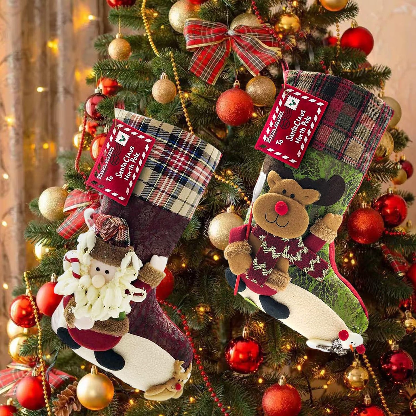 ETERAMUS 21 inch Plaid Christmas Stockings Santa Claus with Deer, Bear, Animal One Piece, Felt Large Plush 3D Reindeer Xmas Stocking for Girls Boys Tree Mantel Party Décor (Red Santa Claus)