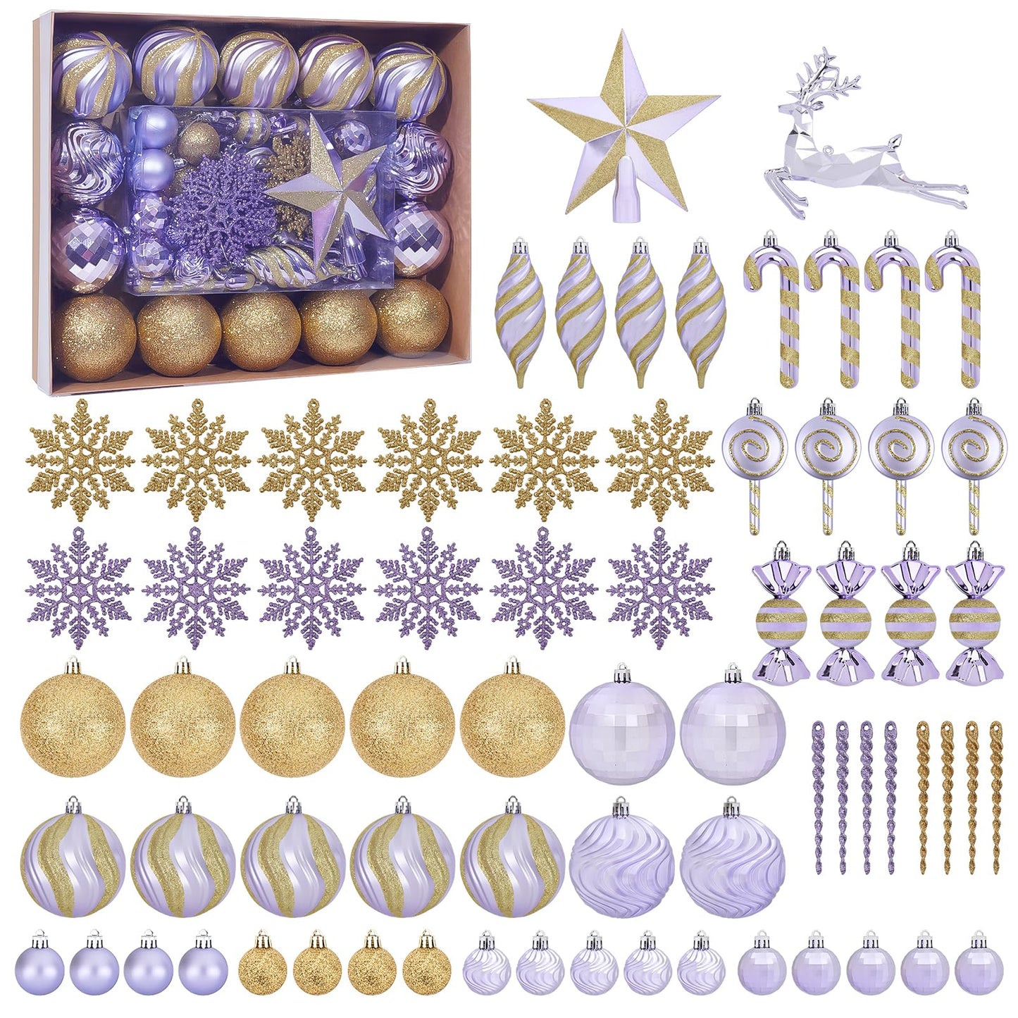 70PCS Christmas Balls Ornaments Set, Shatterproof Xmas Tree Decorations Kit with Balls, Snowflakes, Candy Canes, Star Topper, Reindeer & Hanging Baubles for Holiday Party Decor (Purple & Gold)