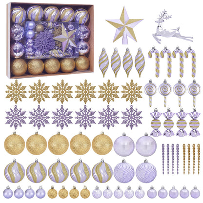 70PCS Christmas Balls Ornaments Set, Shatterproof Xmas Tree Decorations Kit with Balls, Snowflakes, Candy Canes, Star Topper, Reindeer & Hanging Baubles for Holiday Party Decor (Purple & Gold)