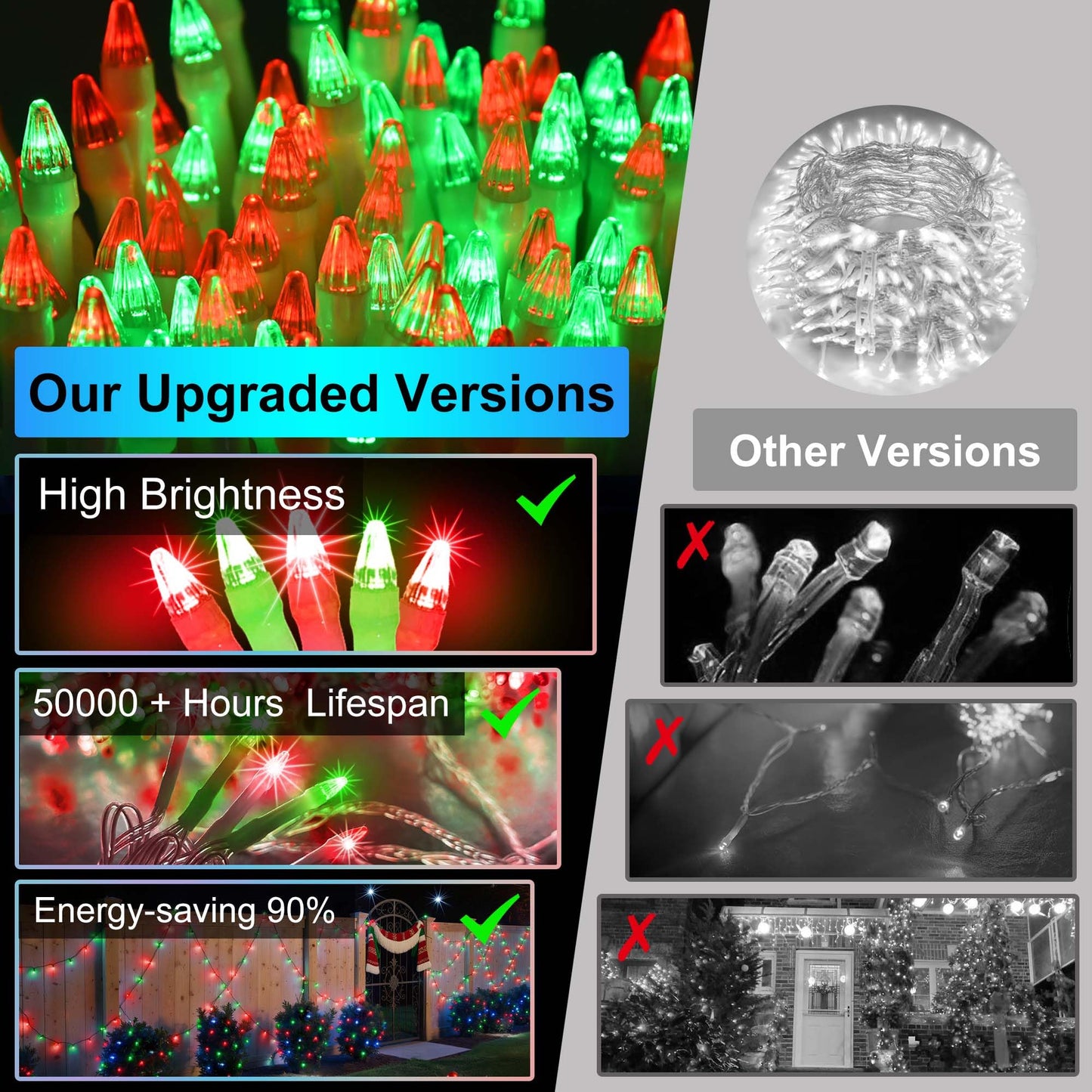 300LED Chrstmas Lights, 75ft Indoor Outdoor Christmas String Lights with 12 Modes, Red & Green ChristmasTree Lights with Timer Dimmable Connectable for Fence Garden Wedding Party Decor Red & Green
