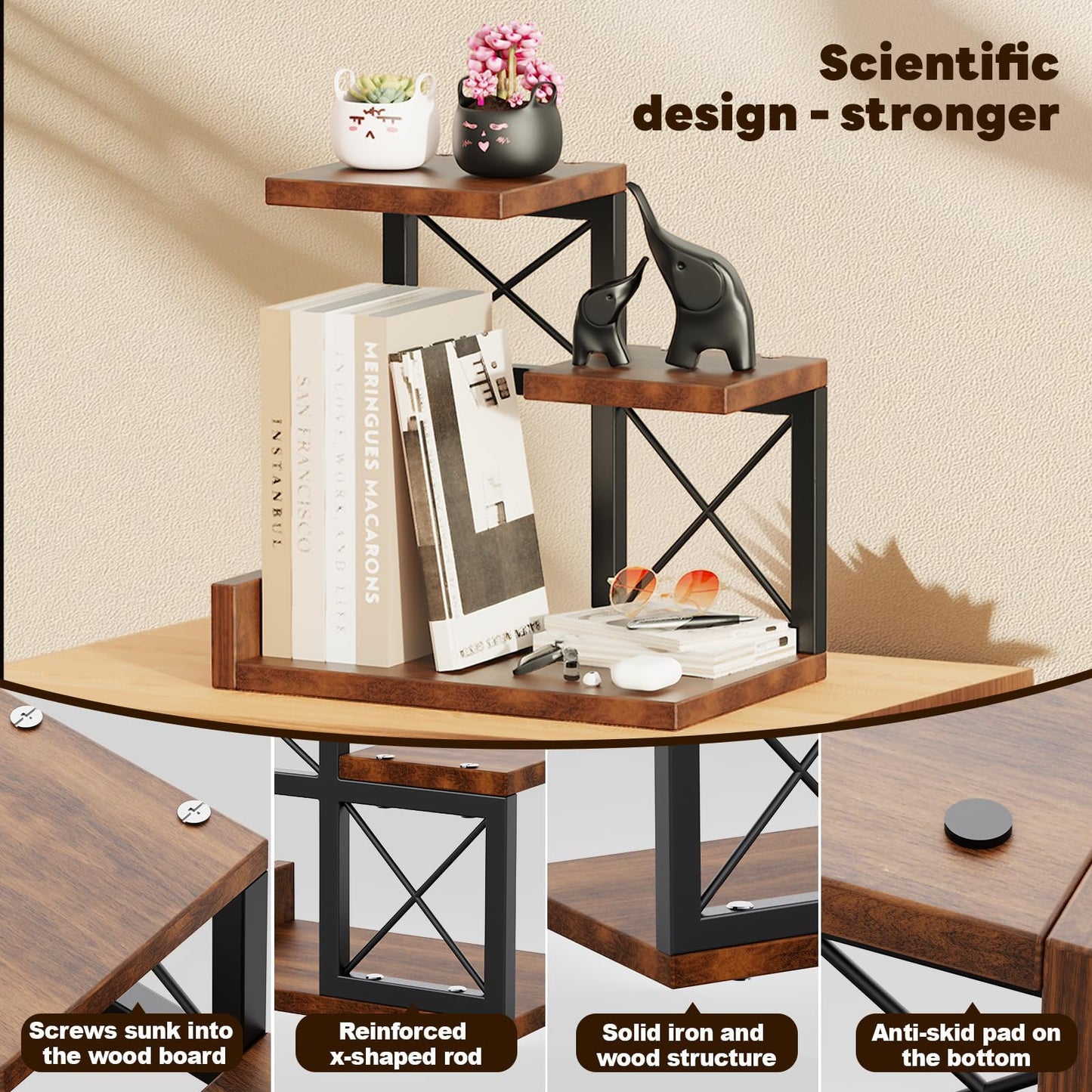 Abiglifty Desk Shelf Organizer, Wooden Desktop Organizers, 3 Tier Desk Hutch Small Bookshelf, Nightstand Organizer, Riser Display Stand for Office, Dorm, Home (Brown)