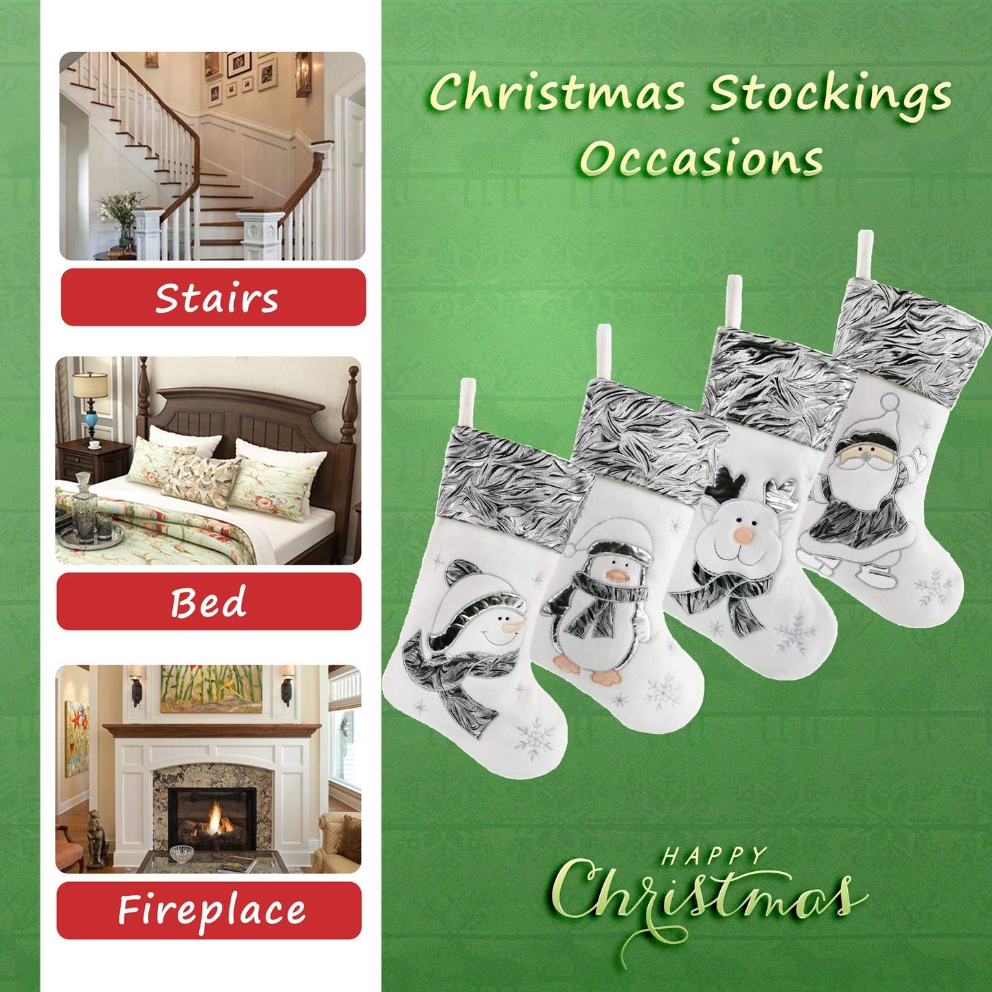 BSTAOFY Christmas Stockings Set of 4 Soft Non-Woven Patterned Santa Claus Animals Socks for Assorted Xmas Tree Hanging Decor Party Ornaments Gifts Kids, Silver