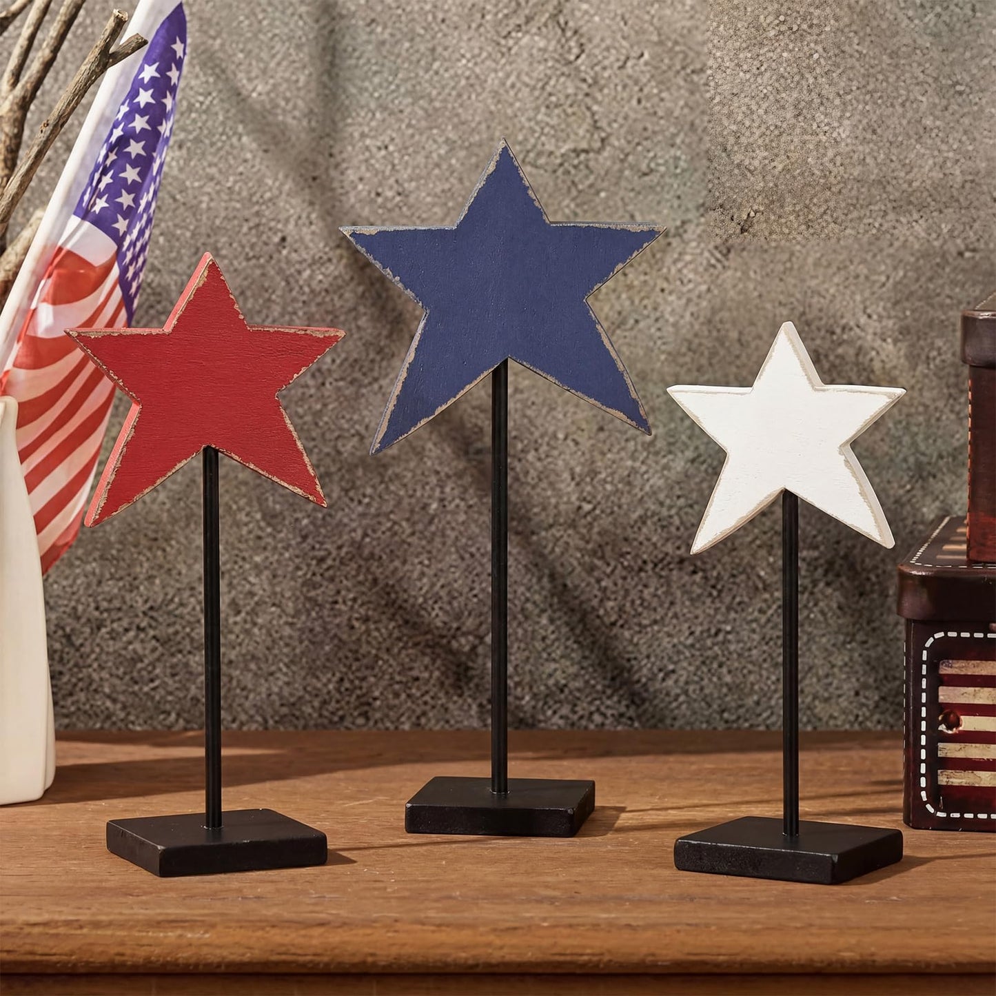 DoubleFill 3 Pcs 4th of July Patriotic Star Decorations 250th Anniversary Memorial Day Table Decoration Red Blue White Star Sign Standing Independence Day Tabletop Centerpieces for Home Office Decor