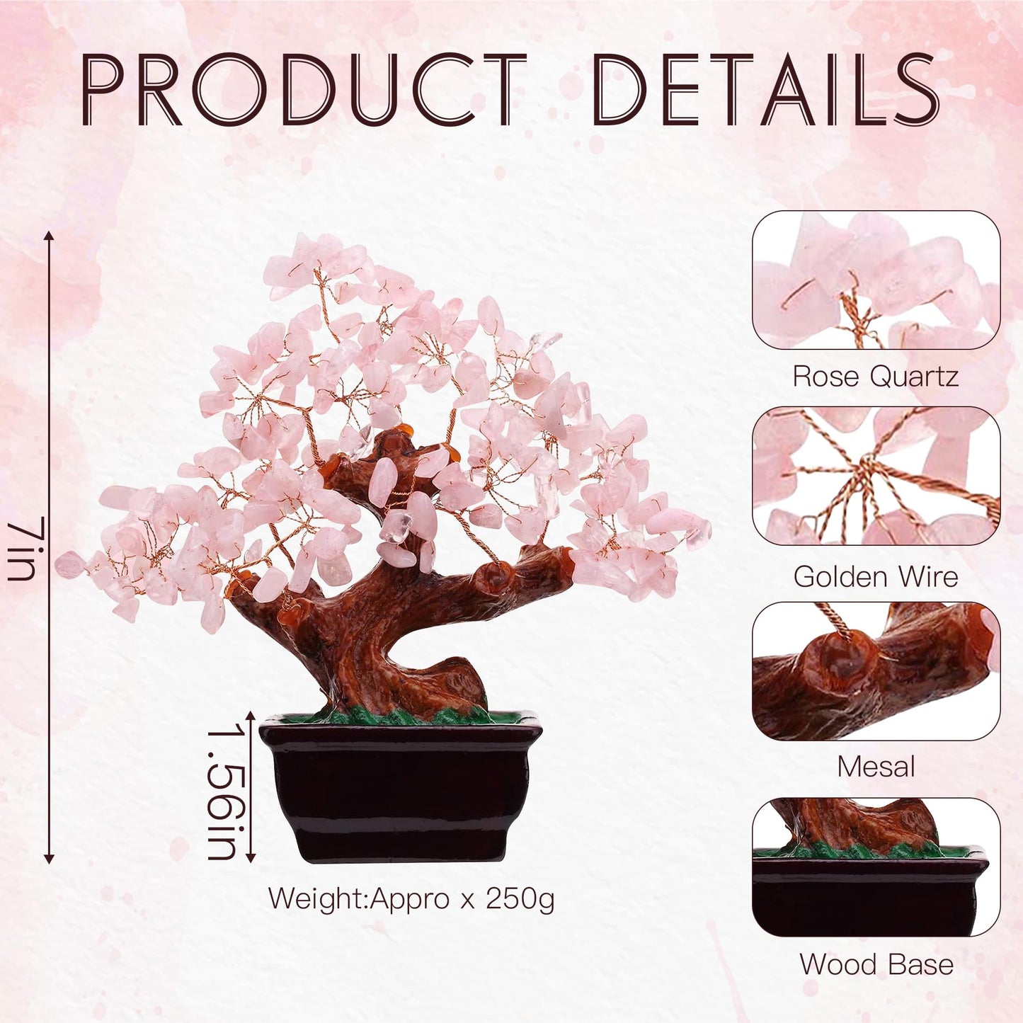 Parma77 Feng Shui Natural Rose Pink Quartz Crystal Money Tree, Healing Crystal Trees Bonsai Style Decoration for Wealth and Luck for Home Decor, Gifts for Women