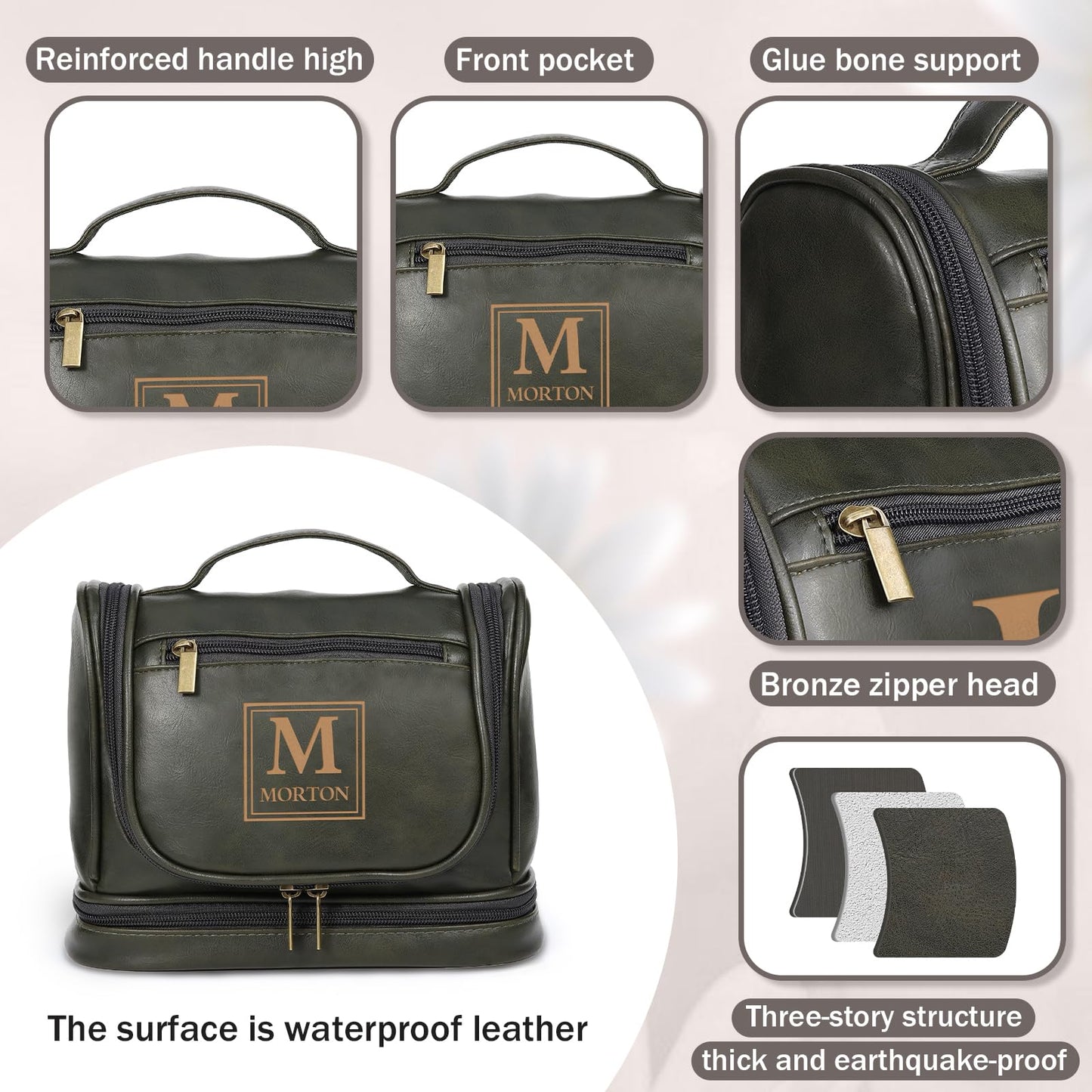 Zeekisfia Personalized Toiletry Bag for Men, Custom Engraved Travel Dopp Kit Bag, Customized Name Initials Gift for Dad, Boyfriend, Husband Father's Day, Wedding, Birthday(Green)