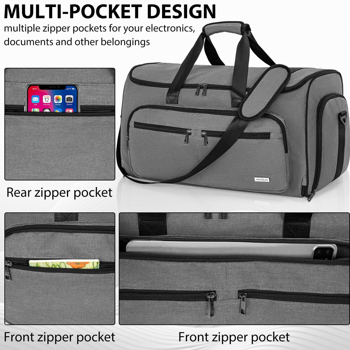 AKOZLIN Convertible Garment Bag for Travel 3 in 1 Carry On Garment Duffle Bag with Shoes Compartment Hanging Suitcase Suit Travel Storage Bags For Men Women Grey