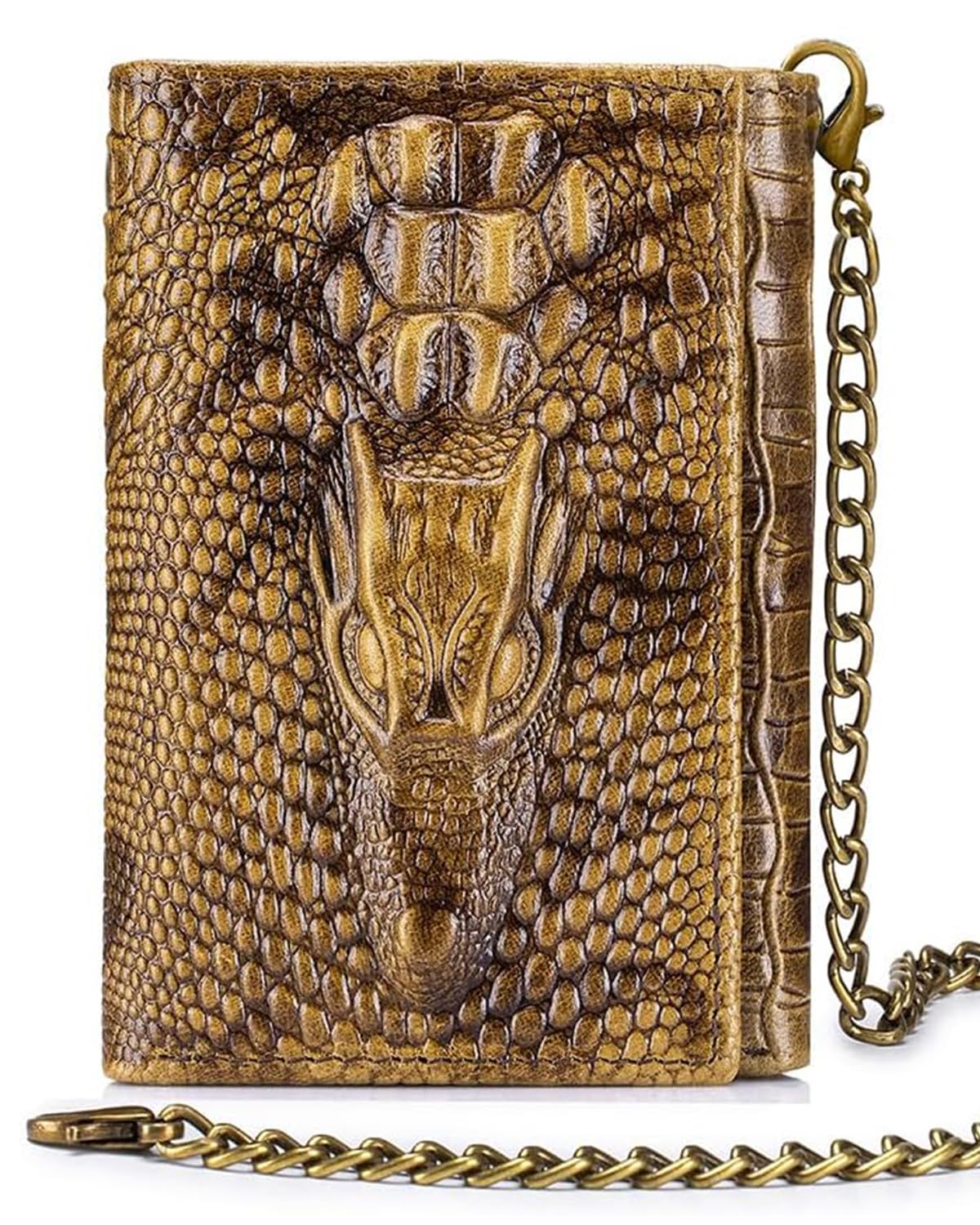 Steel Lion Mens Trifold Wallet Leather RFID Blocking, Crocodile Embossed Slim Wallet with 2 ID Window, 11 Card Slots, Detachable Anti-Theft Chain, Compact Wallet for Business Travel Daily Use (Brown)