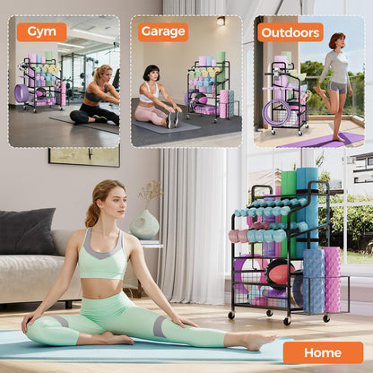 HavenlyYouth Dumbbell Rack Holds Yoga mat, Weight Rack Storage for Home Gym, Workout Equipment Organizer for Kettlebells and Foam Roller With Hooks and Wheels