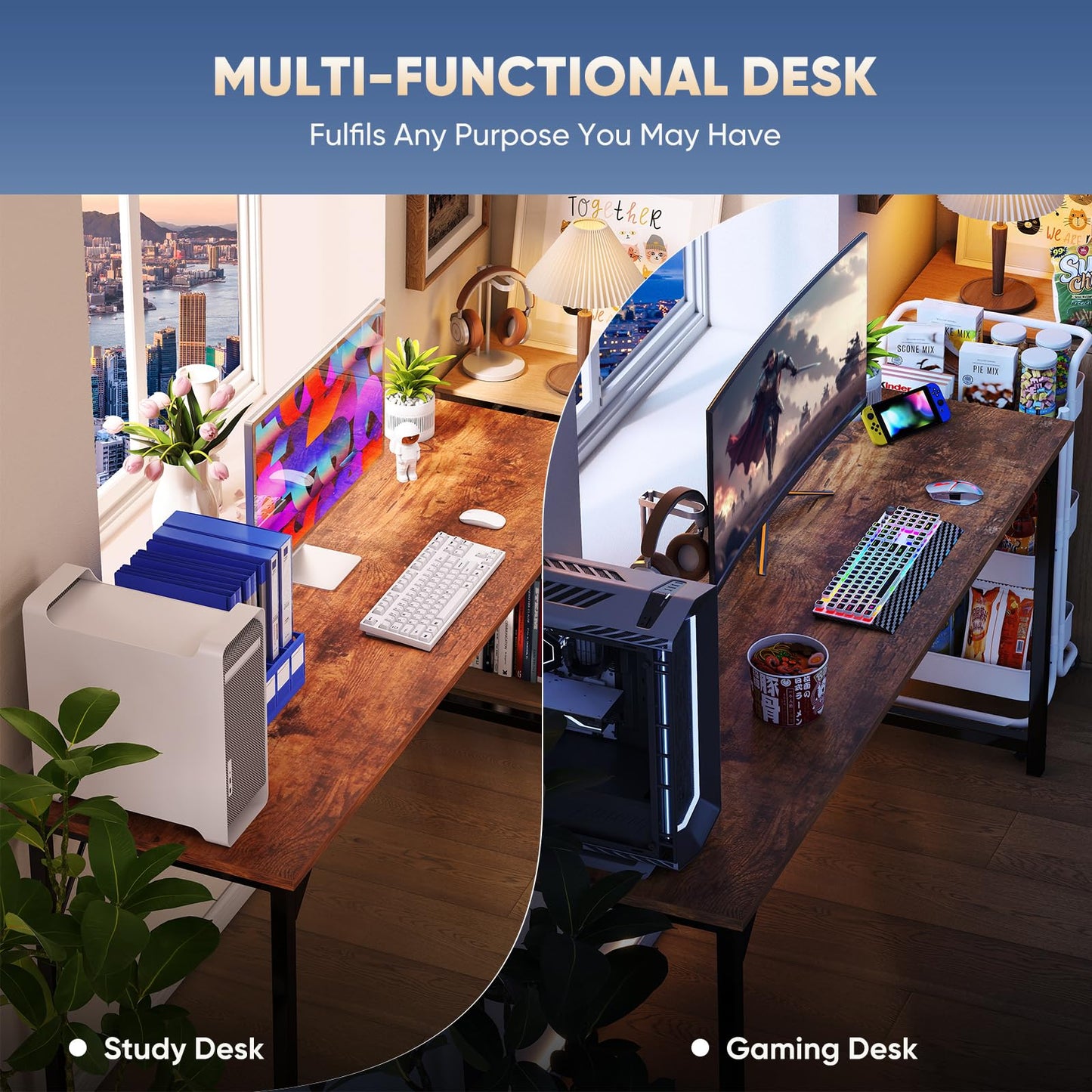 DUMOS 47 Inch Computer Desk for Home Office, Modern Writing Study Table Simple Modern Style for Bedroom Small Space, Large Work Desks with X-Shaped Reinforcement, Wood Brown