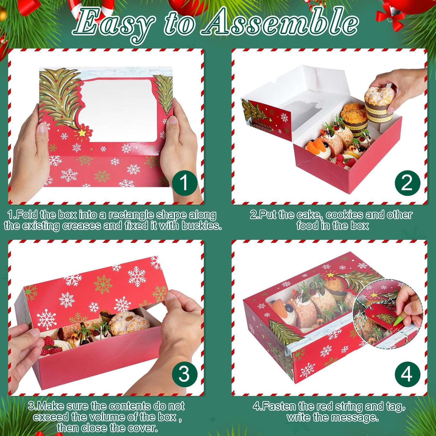 24 Pcs Christmas Cookie Boxes 8.7"x 6"x 2.7" Christmas Bakery Treat Box With Window Tag and Ribbons Goodie Candy Cookie Containers Kraft Paper Cookie Tins for Winter Holiday Xmas Party Gift Giving