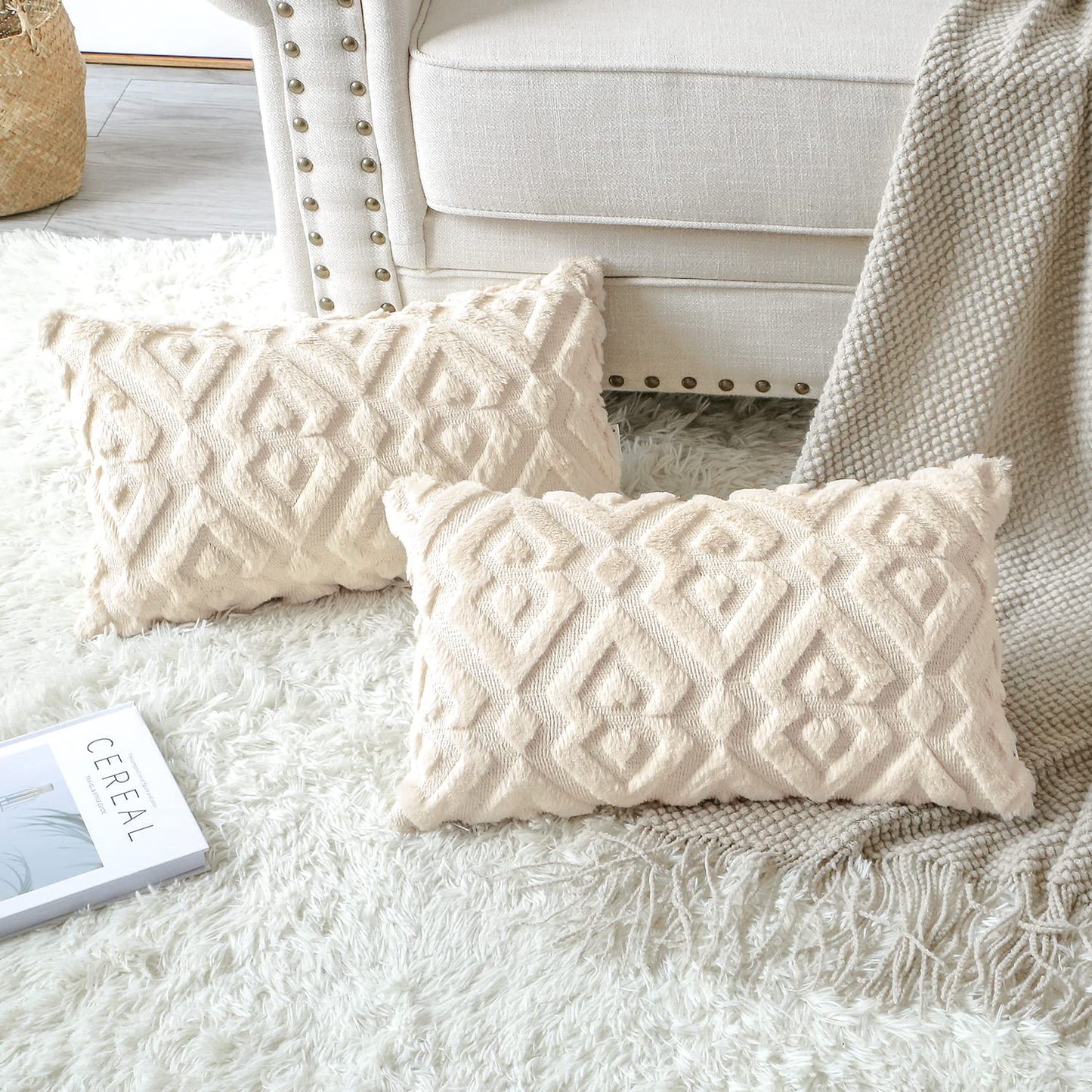 Artscope Pack of 2 Soft Plush Short Wool Velvet Decorative Throw Pillow Covers Luxury Style Cushion Covers European Pillow Shell for Sofa Bedroom Diamond Shape Cream Beige, 16x24 Inch