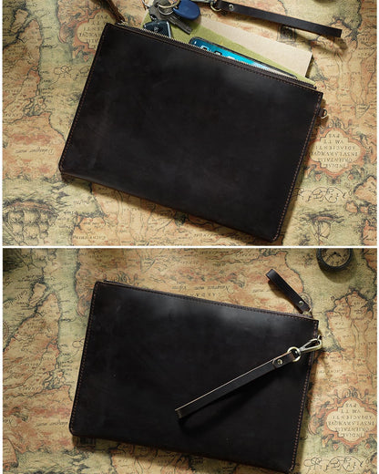 Inkfew Genuine Leather Wristlet for Women and Men, Leather Clutch Business Briefcase Tablet Sleeve Bag with Zip Closure