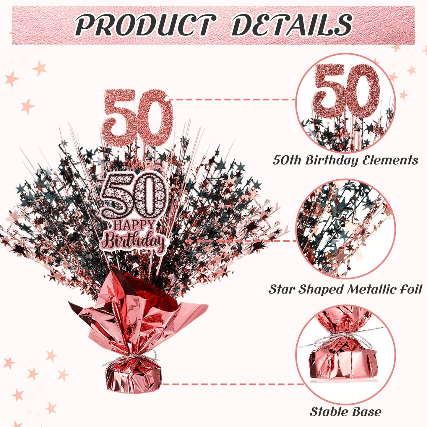 XunYee 4 Set Womans 50th Birthday Table Decorations Black Rose Gold Metallic Star 50th Birthday Decorations for Her Wedding Anniversary Centerpiece