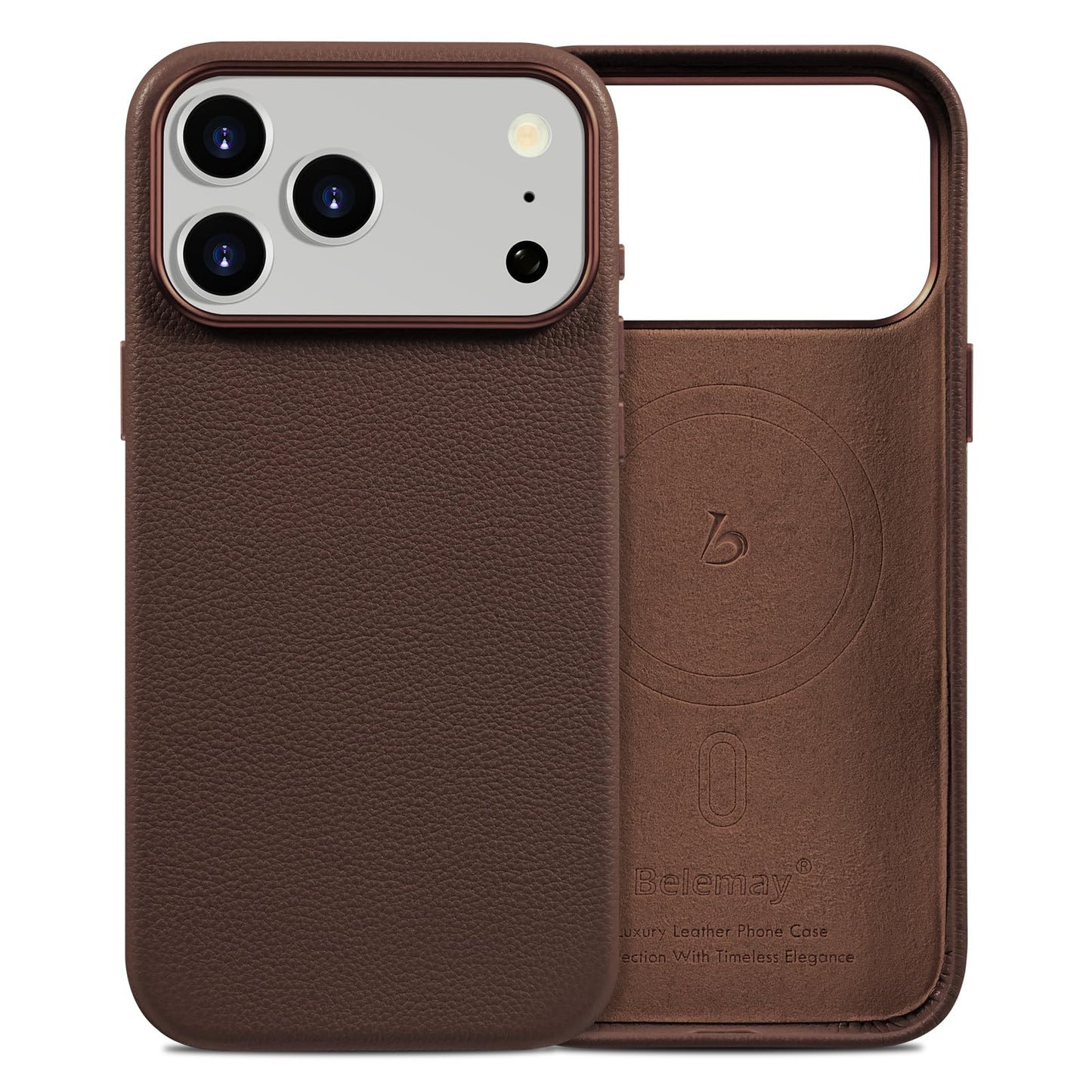 Belemay Handcrafted Premium Tumbled Leather Case for iPhone 17 Pro, Compatible with MagSafe, Distinctive Texture, Natural Patina, Camera Control Button, Metal Buttons Phone Cover (6.3"), Brown