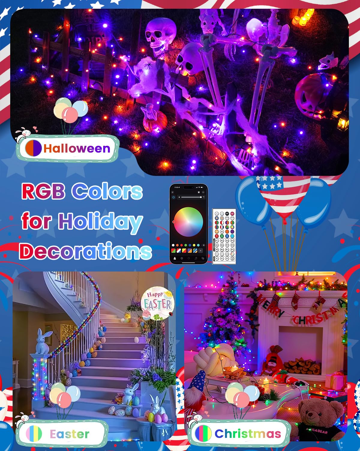 300LED Smart 4th of July String Lights | 107FT App Controlled Red White and Blue American Flag Lights, Waterproof Patriotic RGB Color Changing String Lights with Remote & Timer Outdoor for Memory Day