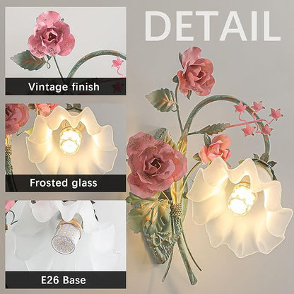 Vintage Floral Wall Sconce,Metal Wall Lamp with Glass Lampshade,Mounted Wall Lights for Bedroom Living Room Corridor Vanity Hallway E26 Wall Art Scones 40 * 40Cm Left