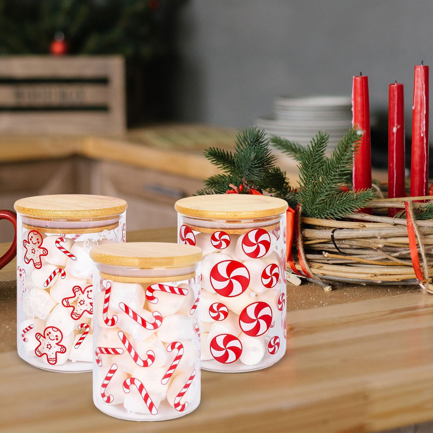 JarThenaAMCS 3Pcs Christmas Glass Storage Jars Red White Candy Cane Gingerbread Man Clear Canisters Sets with Airtight Lid for Xmas Home Kitchen Countertop Decor